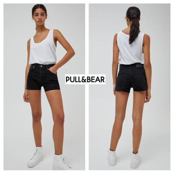 NWT PULL&BEAR Black Denim Jean Shorts Raw Hemline High Rise 30" Waist - Picture 5 of 15
